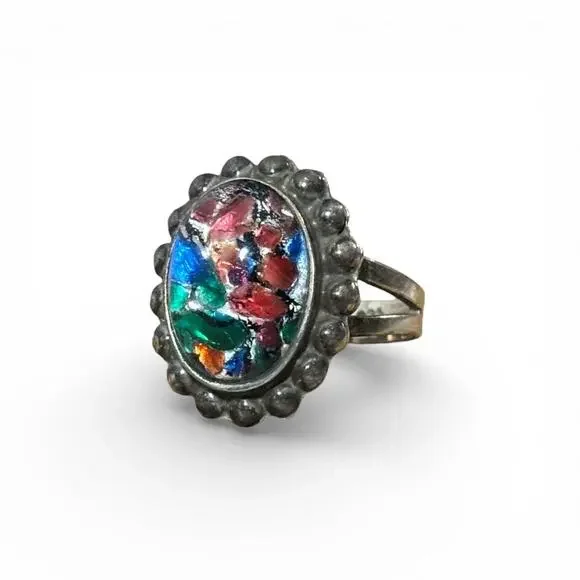 Vintage Sterling Silver Pink Blue Green Foiled Glass Ring Size 6.5 - Tarnished - Picture 1 of 5